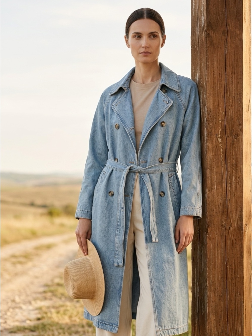 Zara Light Blue Denim Trench Coat with Belt